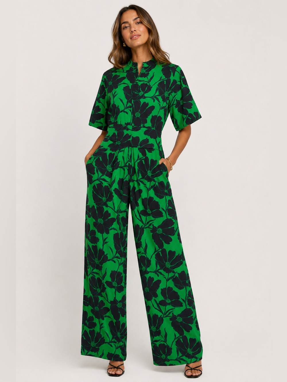 The Fold London Crepe Green & Black Floral Wide-Leg Sutri Jumpsuit Sz. 8